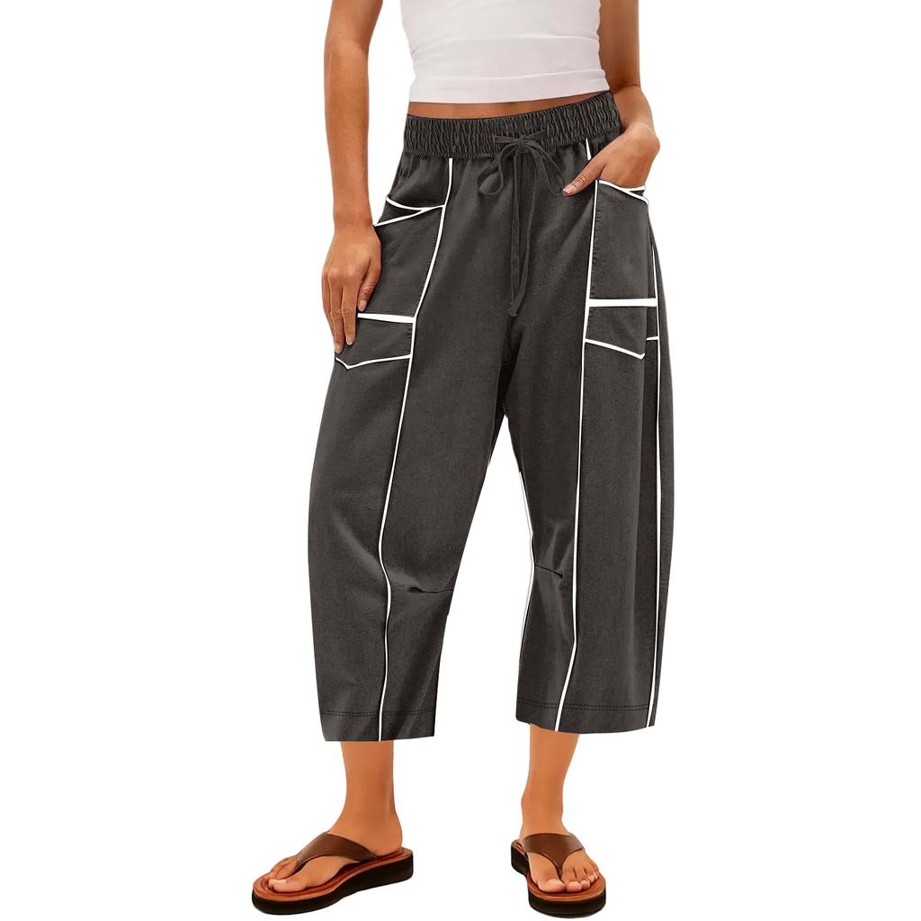 Ladies' Wide Leg Pants, High Waisted Straight Leg Pants, Spliced Pockets, Casual Cropped Pants