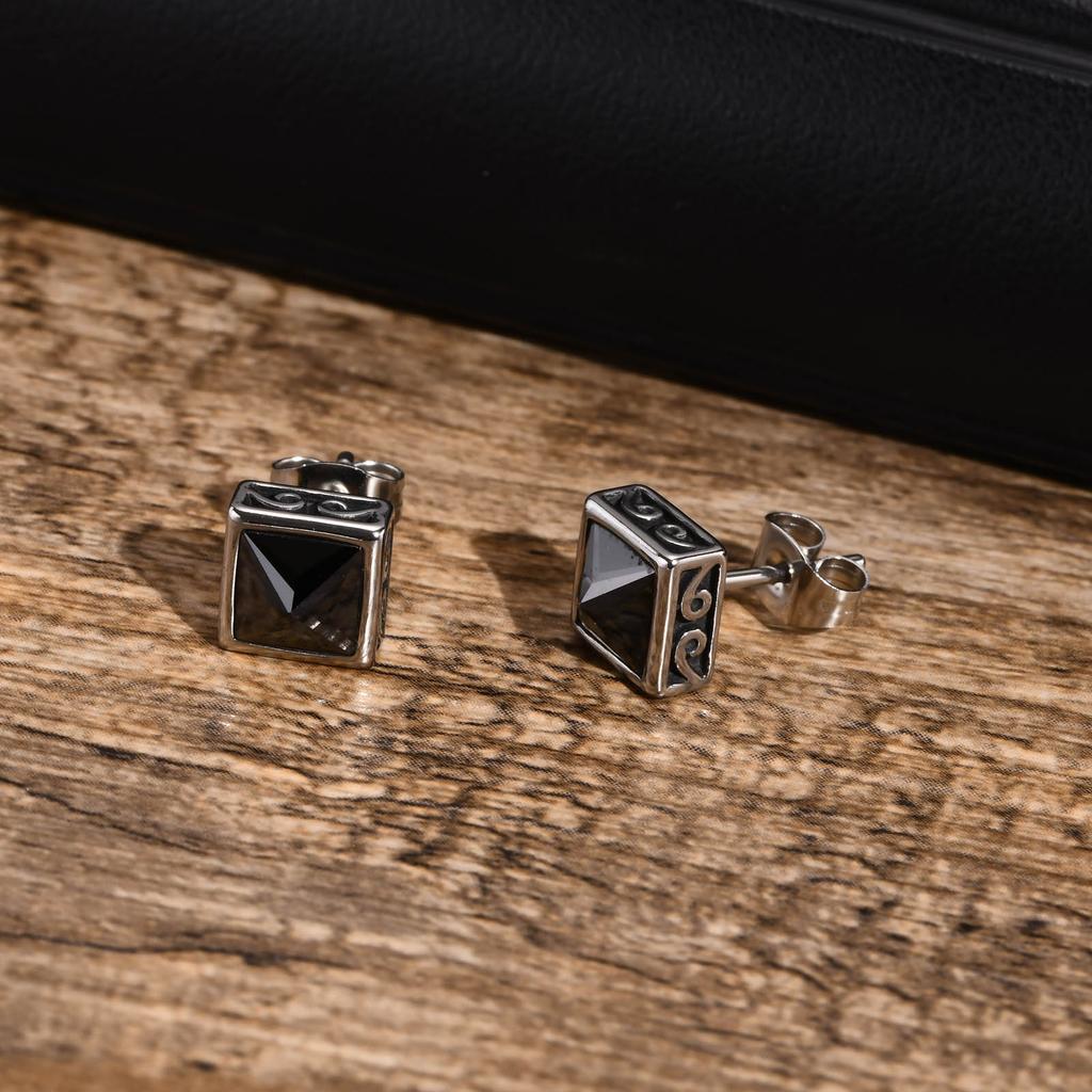 Cool Fashion Square Stone Stud Earrings for Men, Waterproof Stainless Steel Geometric Earrings Gift for Male Boys
