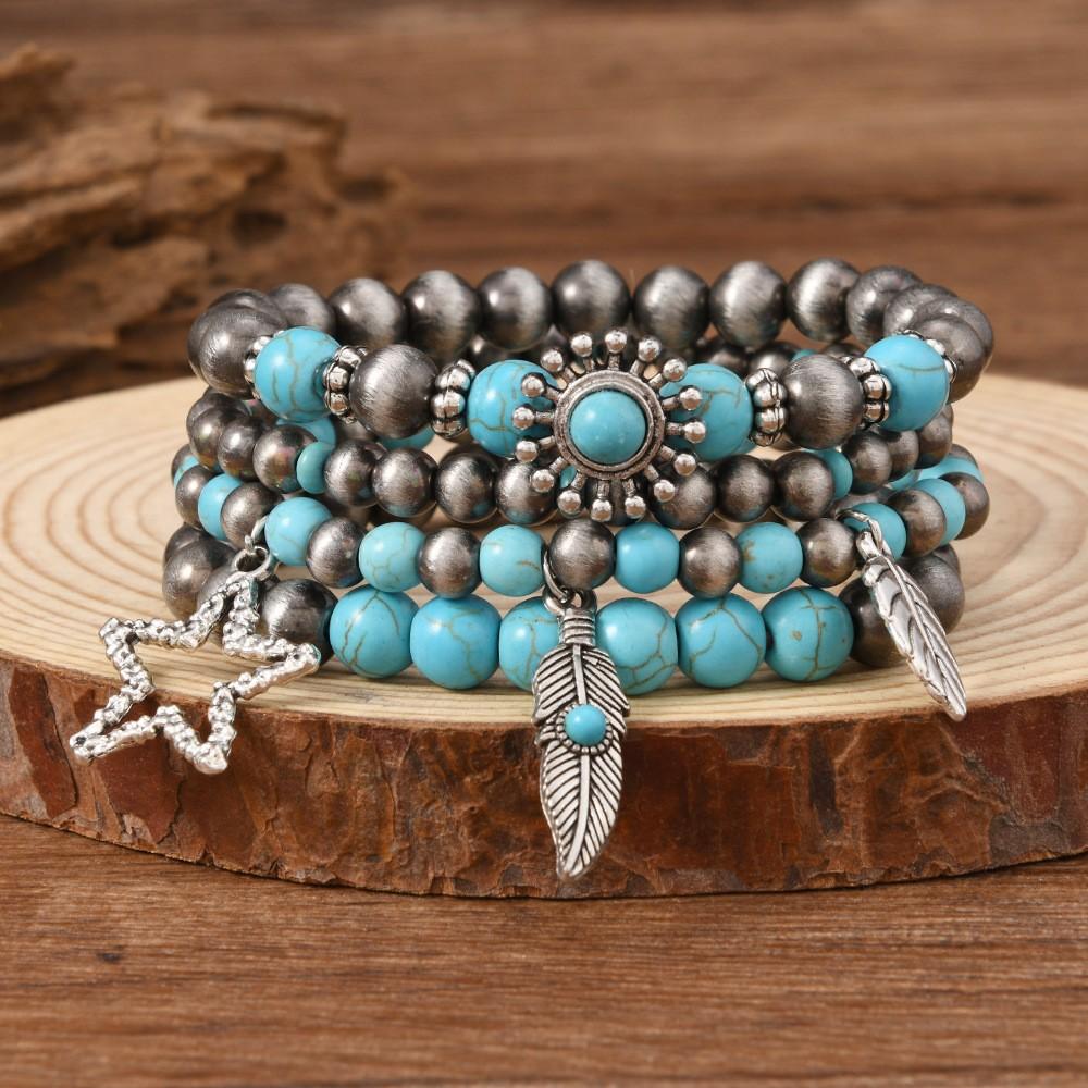 Türkis Schmuck, Damen Armbänder, Böhmische Türkis Retro Perlenarmbänder, Gestapeltes Set Armbänder.