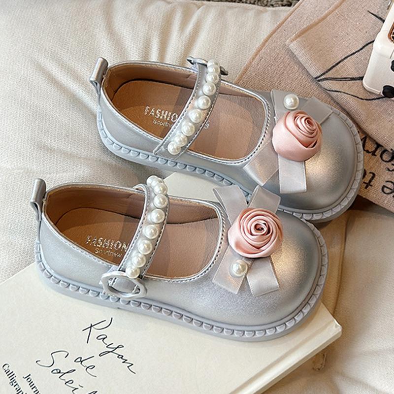 Children's Rose Floral Pearl Mary Jane Shoes - Non-slip, Stylish Spring/Autumn Leather Princess Shoes