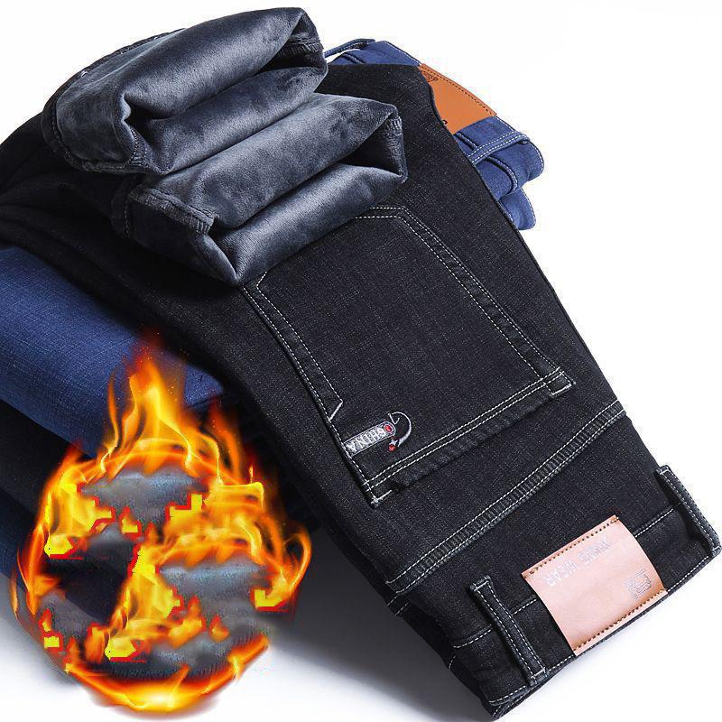 Zimní pánské teplé slim fit džíny business móda zahuštěné džínové kalhoty fleecové strečové značkové kalhoty černé modré