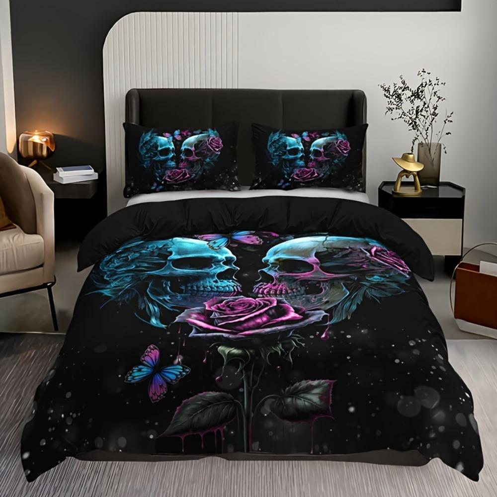 3pcs Black Bedding Set Skulls Rose Print Cozy Duvet Cover Set King Queen Twin Single Size Halloween Birthday Gift Bedroom Decor