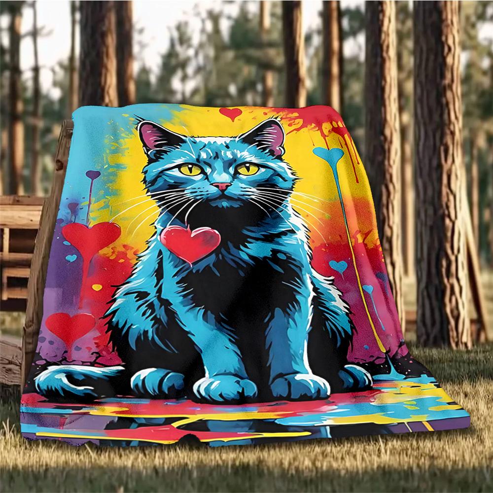 1pc Colorful Cat Outdoor Flannel Blanket Soft All Season Polyester Throw , Perfect for Picnics & Travel , Picnic Accessory