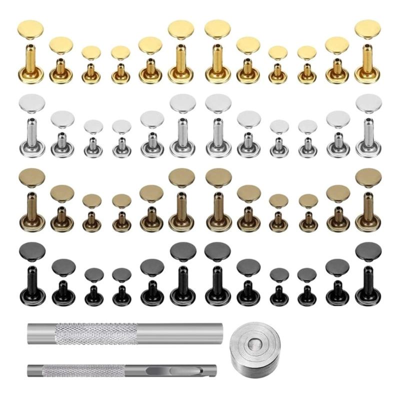 180Sets Leather Rivets Double Caps Rivets Tubular Metal Studs with 3 Setting Tool Punch Plier for Leather Craft Repair