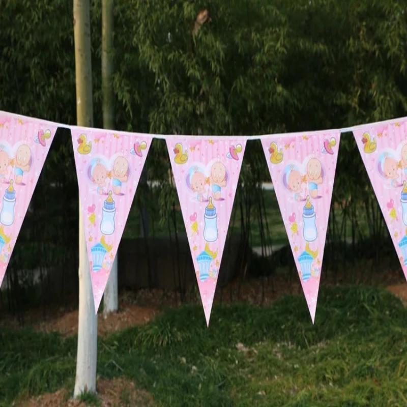 2.2M Happy Birthday Banners Pulling Flag Welcome Baby Crown Balloons Hanging Flags Boy Girl Birthday Party Decors 10Pcs/Set Pink