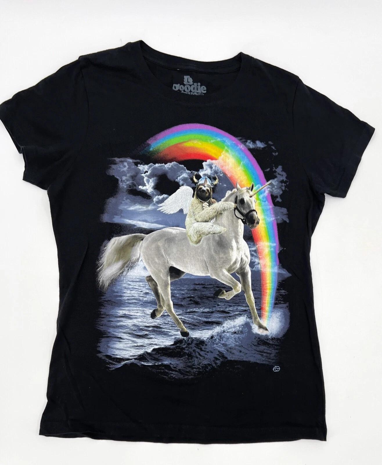 

Goodie Two Sleeves Shirt Womens Large Black T-Shirt Short Sleeve Unicorn Sloth XL