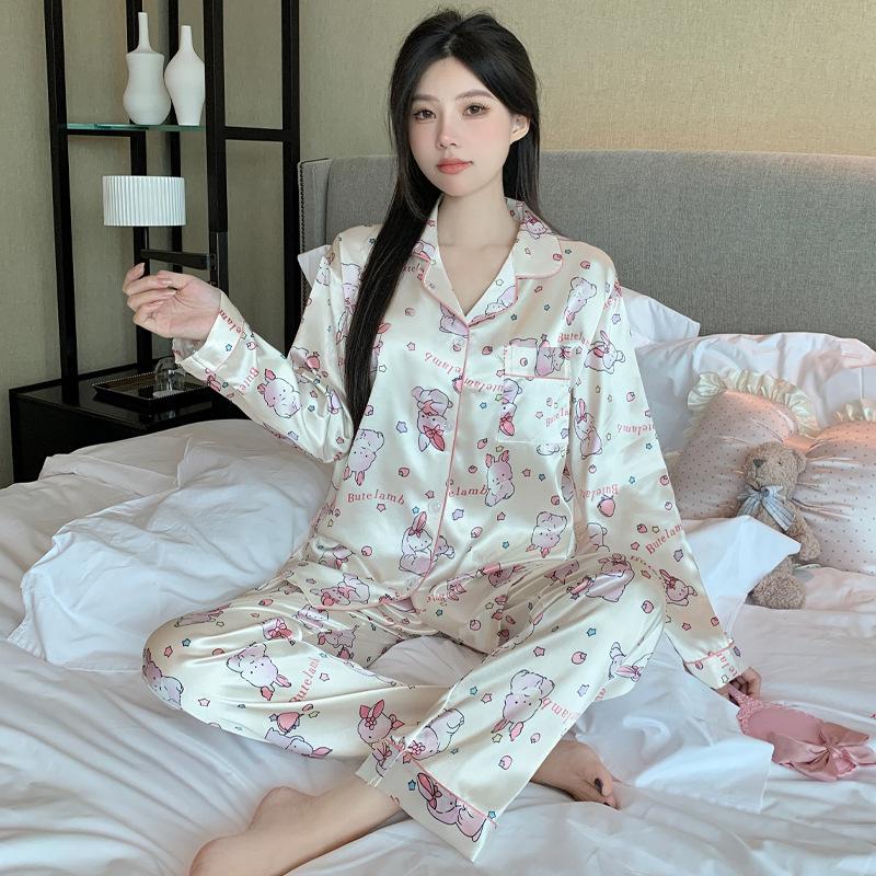 Cute Bunny Cartoon Ice Silk Pajamas Women'S Spring And Autumn Thin Long-Sleeved Trousers Two-Piece Loungewear