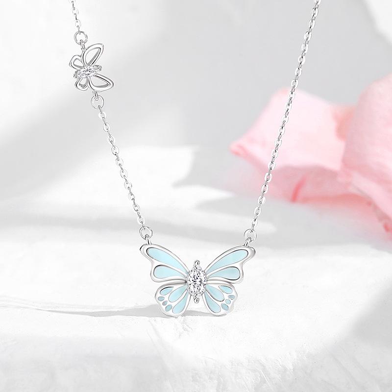 Tichia S925 Sterling Silver Luminous Enamel Butterfly Necklace for Women - Original Design Clavicle Chain