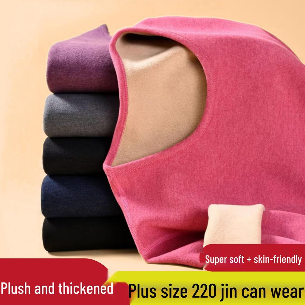 Women's Plus Size Fleece-Lined Lambswool Dralon Crew Neck Warm Underwear Set for Winter Cold Protection