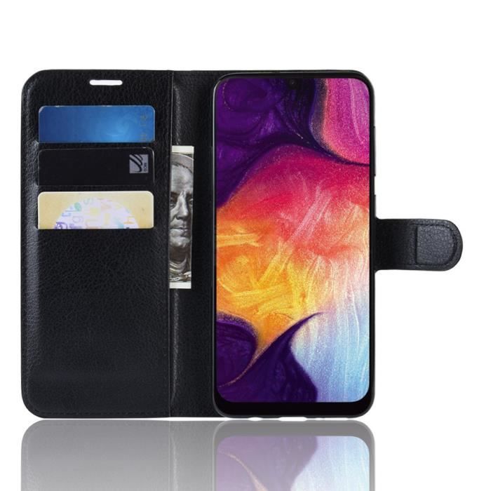 Housse Etui - Samsung - Galaxy A50 - Anti-chocs - Support Pliable - PU Cuir Noir
