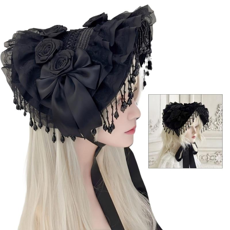 Elegant Gothic Widows Hat Handmade Lace Detailing Perfect for Cosplay Costume Accessories Stage Performances