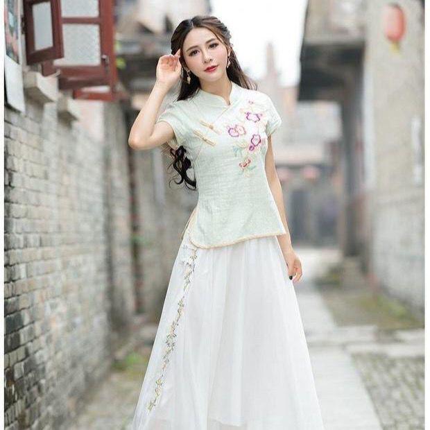2024 Summer Women's Fairy Hanfu Dress with Embroidery and Frog Buttons - Retro Chiffon Midi Skirt.