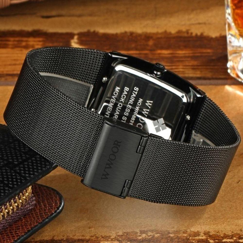 Top Brand WWOOR Quartz Watch Men Square Waterproof Business Men's Watches Luxury Black Steel Strap Sport Wrist Watch