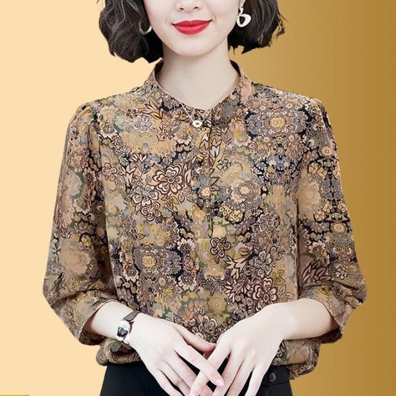 Counter Quality Silk Shirt for Women Spring and Summer Three-quarter Sleeve Fashionable Printed Shirt Loose Mulberry Silk Top