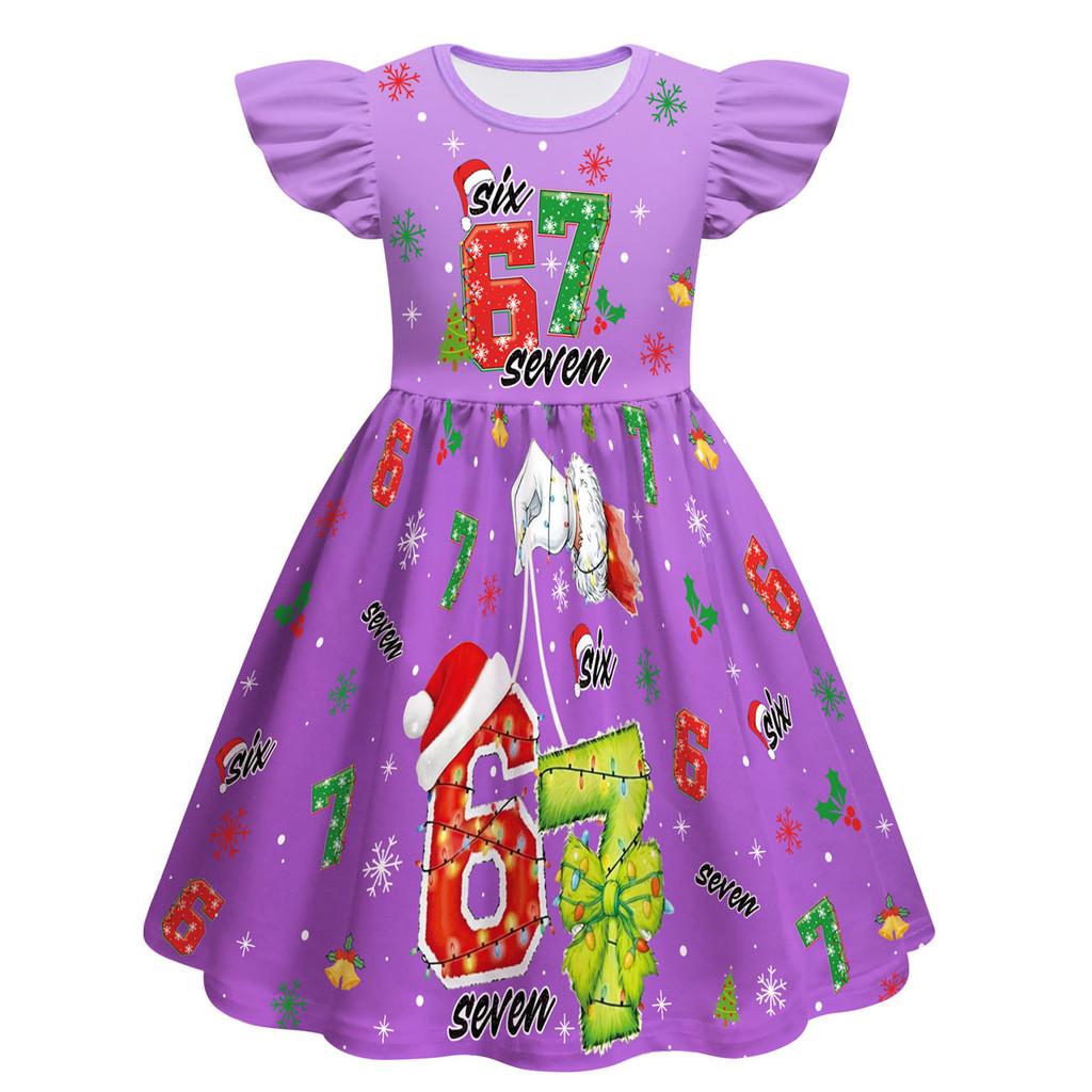 82839 Kids Girls Christmas Steal a Brainrot 67 Six Seven Print Ruffle Sleeveless Princess Dress