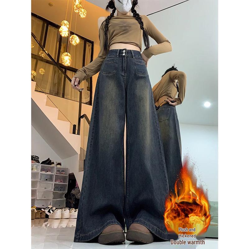 Women's High-Waisted Wide-Leg Jeans: Plus Velvet, Loose Fit, Plus Size, Perfect for Spring, Autumn, and Winter.