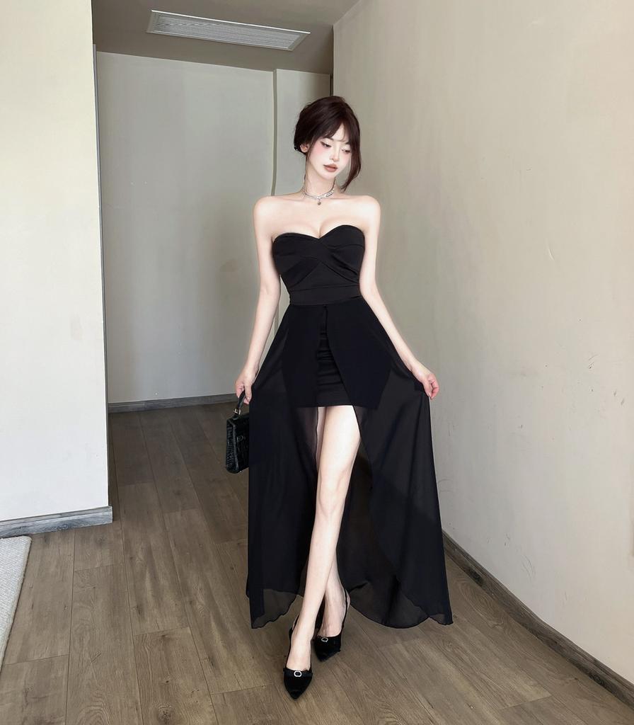 Temperament celebrity pure desire sexy mesh splicing tube top long primer dress nightclub overalls