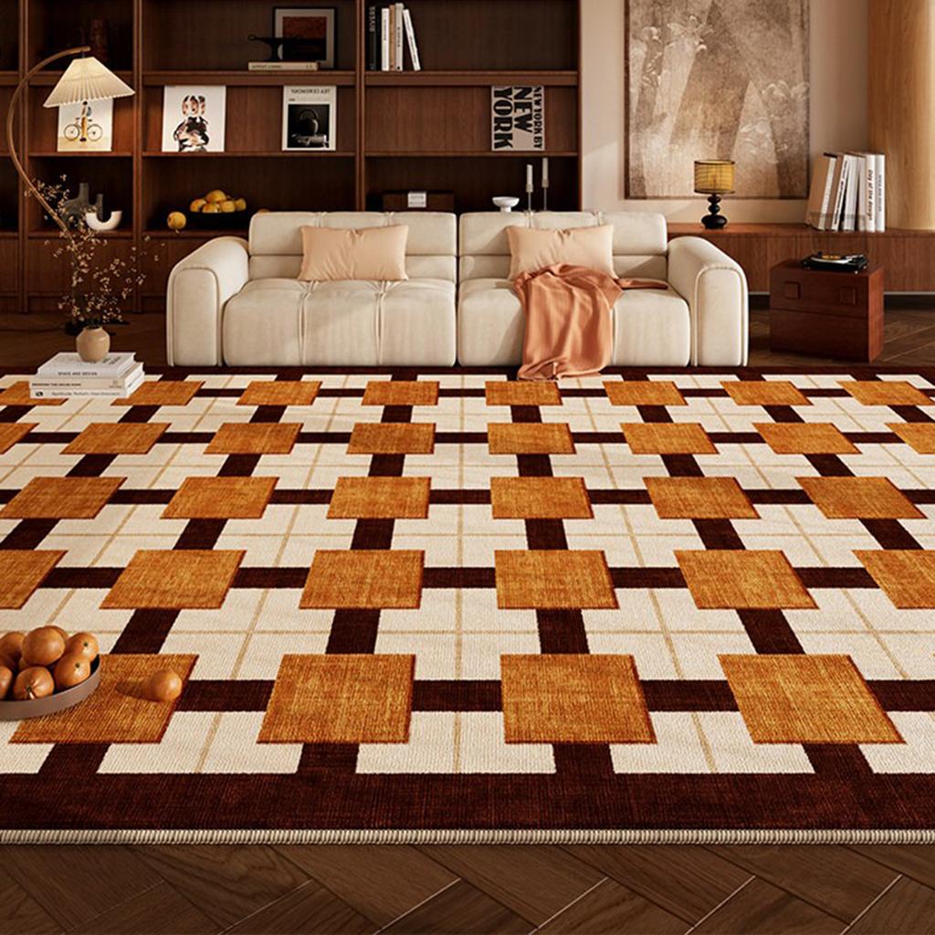 Vintage American Plaid Rug for Living Room Large Area Carpet Mid-tone Maillard Brown Mat Coffee Tables Rugs Bedroom Floor Mats