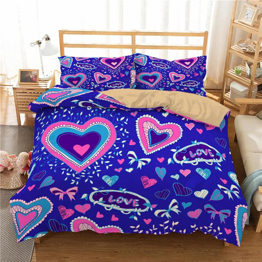 Love Heart Duvet Cover Set for Girls Kids Cute Love Hearts Comforter Cover Geometric Bedding Set Romantic Polyester Quilt Cover