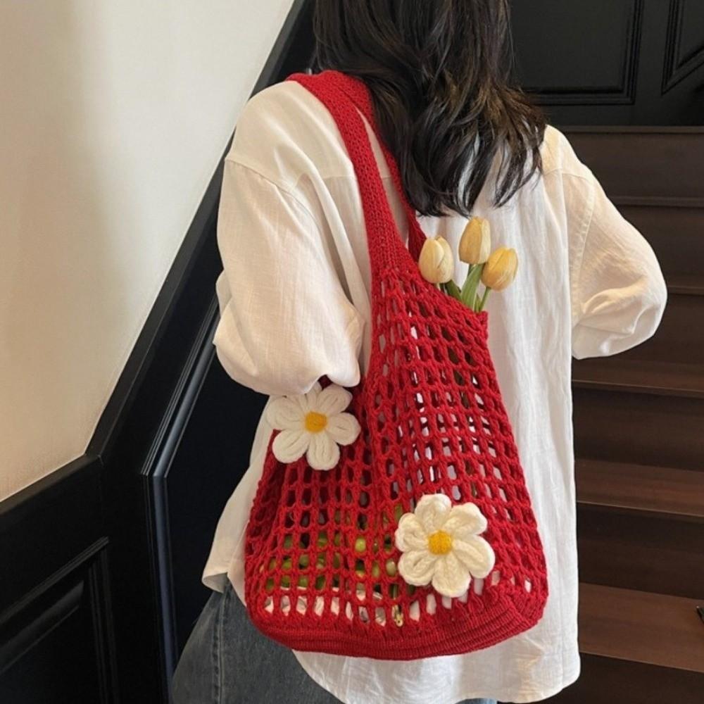 Retro Flower Knitted Tote Bag Large Capacity Woolen Crochet Handbag Eco-Friendly Lightweight Hollow Shoulder Bag Summer