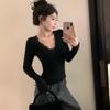 Lace Bottoming Shirt for Women in Autumn Winter New Style Long-sleeved T-shirt Pure Desire V-neck
