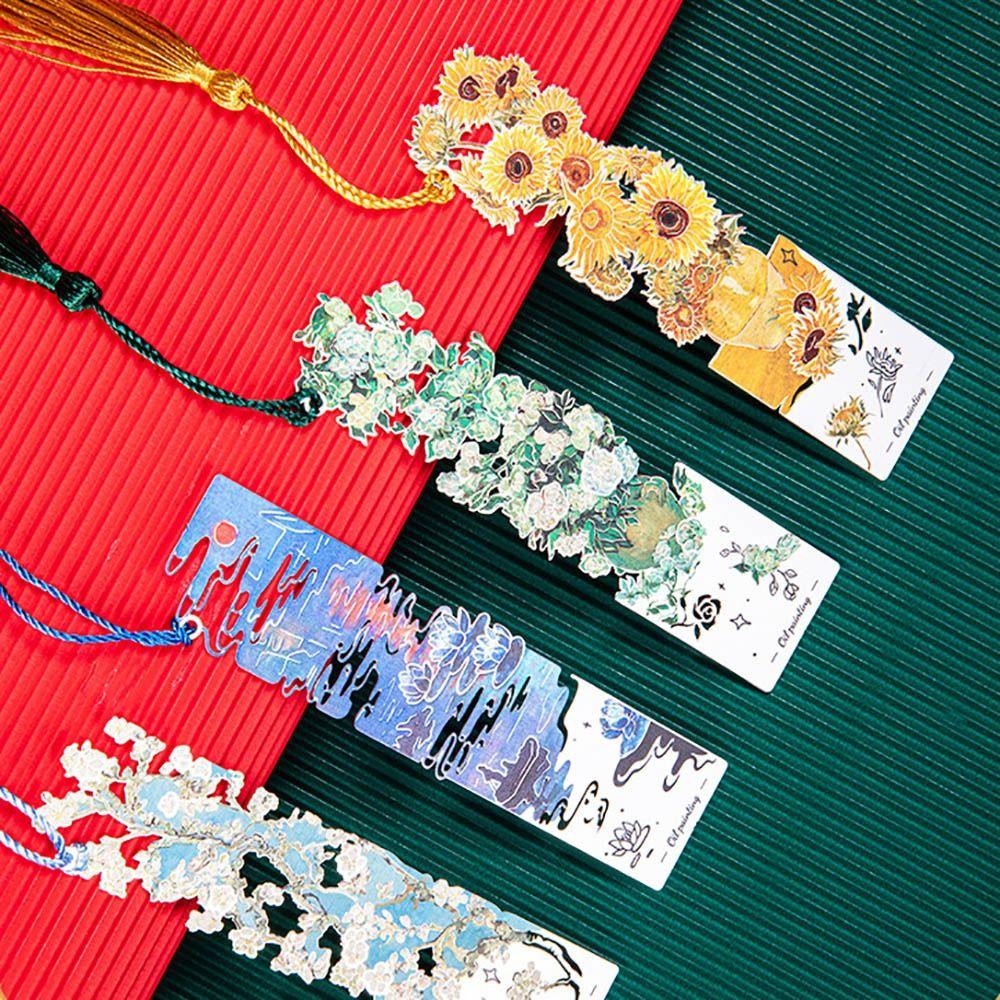 Tassel Pendant Metal Bookmark Metal Floral Painting Bookmark  School Office Supplies