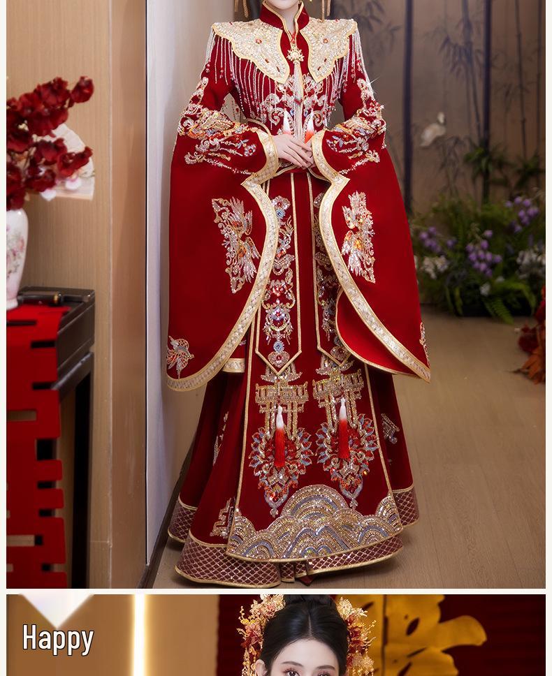 2025 Plus Size Xiuhe Dress with Phoenix Crown & Xiapei - Chinese Wedding Toasting Gown