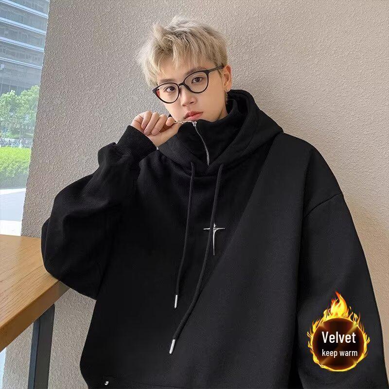 Men's Winter Thick Velvet High-Neck Oversized Hoodie - Trendy American Style