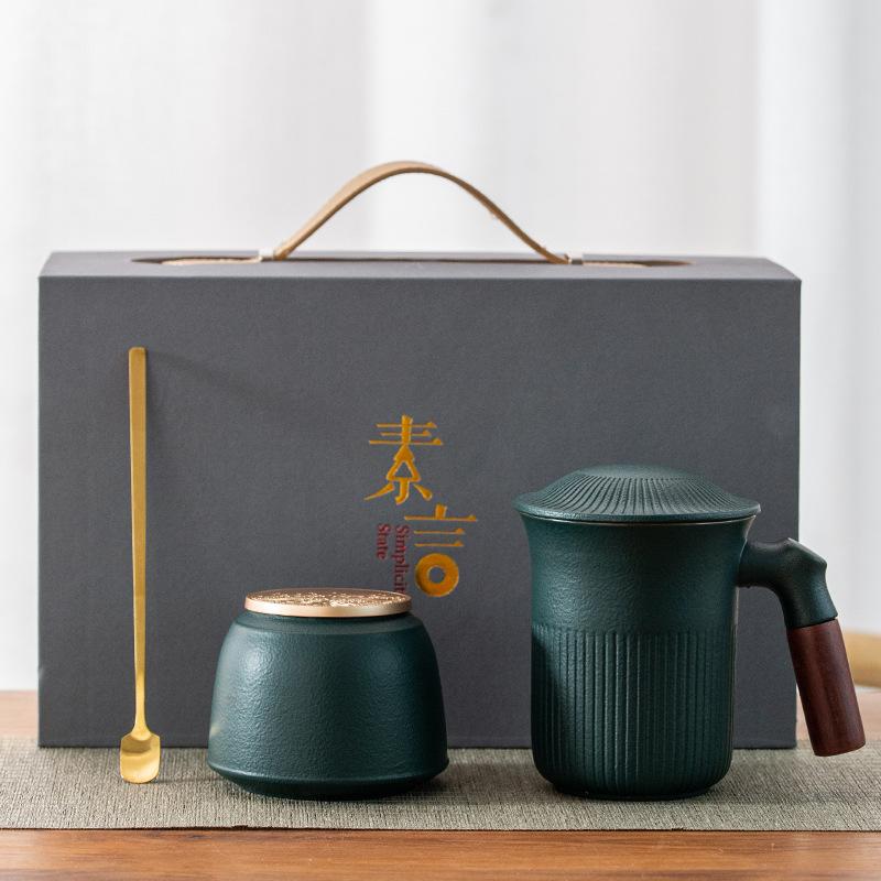 Office Wooden Handle Ceramic Water Cup Mug Chinese Tea Separation Tea Cup Gift