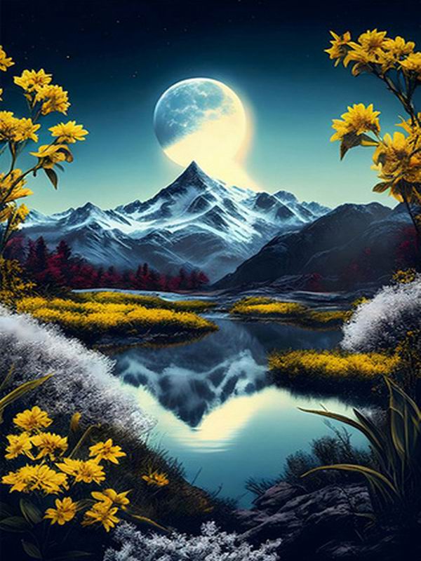 Moon Mountain Lake Diamantová maľba Nové príchody Diy Plný Štvorec Okrúhla vŕtačka Vyšívanie štrasom Nočná scenéria Mozaika Súpravy krížového vyšívania Nástenné dekorácie