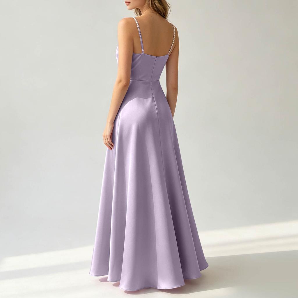 Sleeveless Satin Long Dress with Beaded Spaghetti Straps Floor Length Slim Fit Evening Gown Elegant Formal Occasion Dress