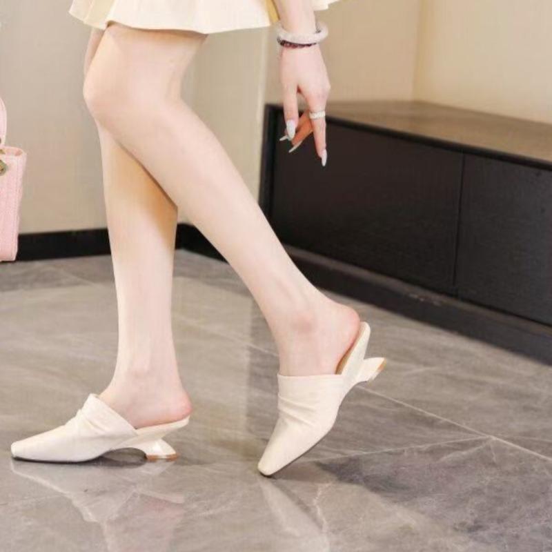 

Модные шлепанцы на фигурном каблуке, женская мода, квадратный носок, глубокий вырез, плиссированная накладка на стопу, противоскользящая износостойкая обувь на каблуке-рюмочке 35