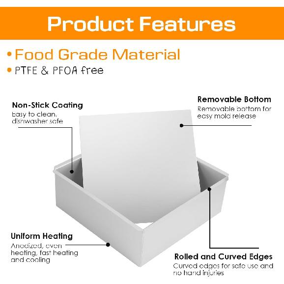 

Tissting 8.7 x 8.7 x 3 дюйма Квадратная форма для чизкейка со съемным дном Алюминиевая прямоугольная форма для выпечки Форма для муссового торта, хлеба с антипригарным покрытием Выпечка