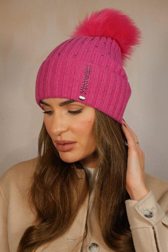 Nila Ribbed Wool Hat with Eco Pompom and Rhinestones, Raspberry Color