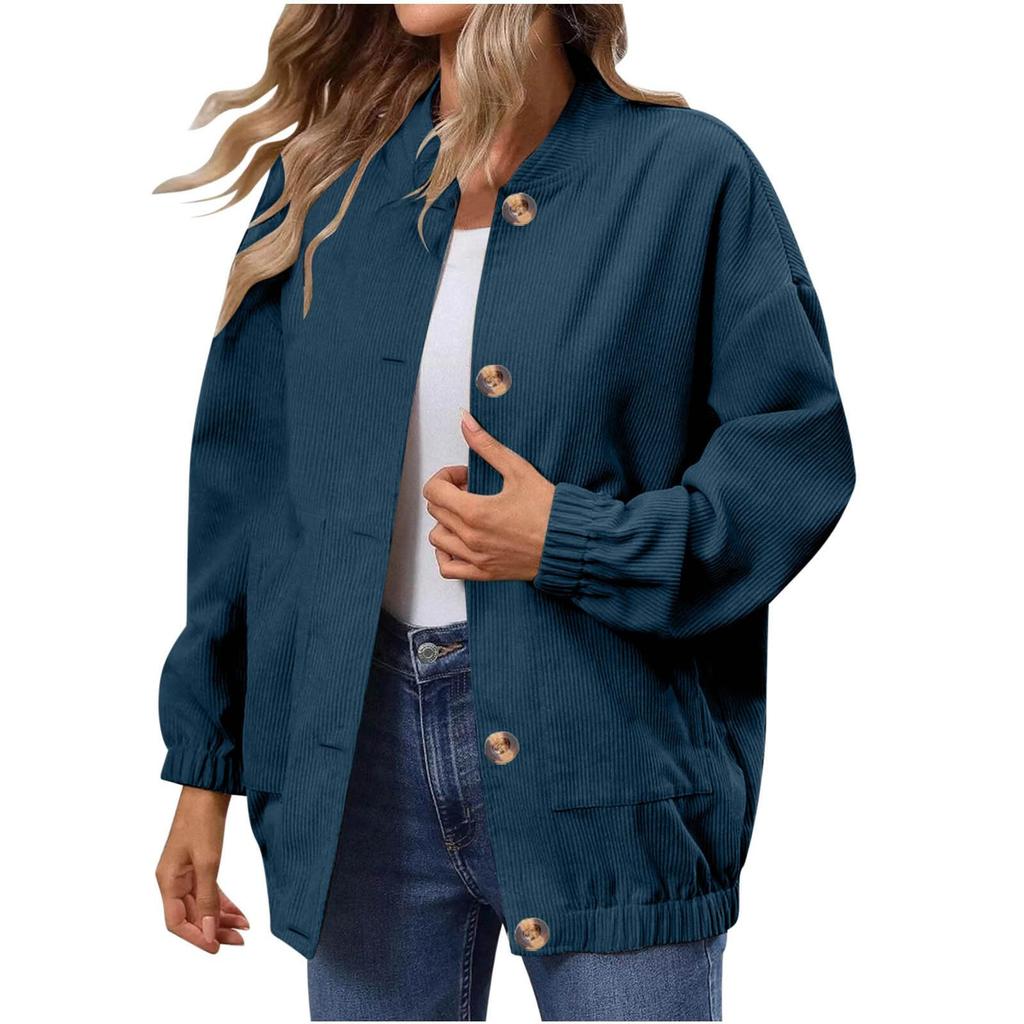 Women's Fashionable Solid Color Long Sleeved Button Jacket With Baseball Stand Up Collar Pocket Casual Jacket
