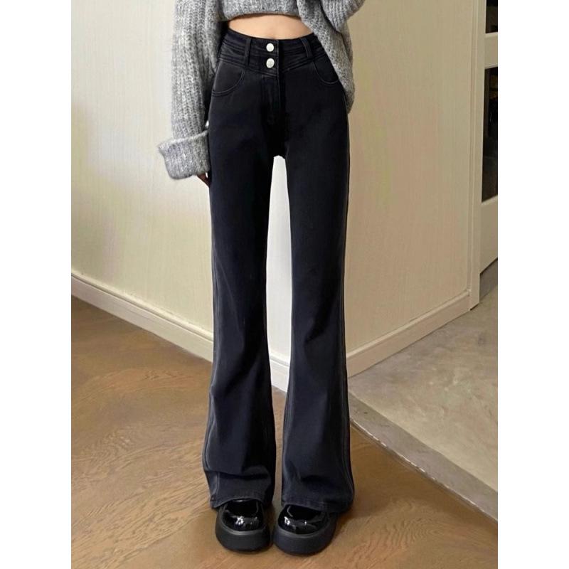 Women's Spring 2026 Retro Black Wide-Leg Micro-Flare Denim Pants