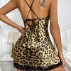 Women Summer Nightdress Lace-up Spaghetti Strap Silky Satin Backless Sleeveless Floral Leopard Print