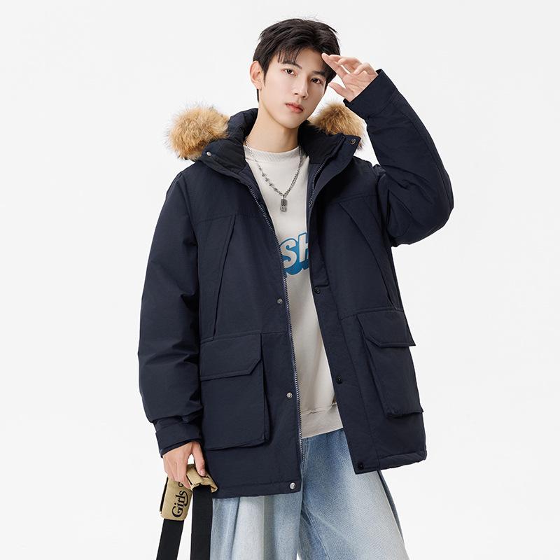 Unisex Mid-Length Winter Down Jacket with Fur Collar - Men's 90% White Duck Down Thickened Parka