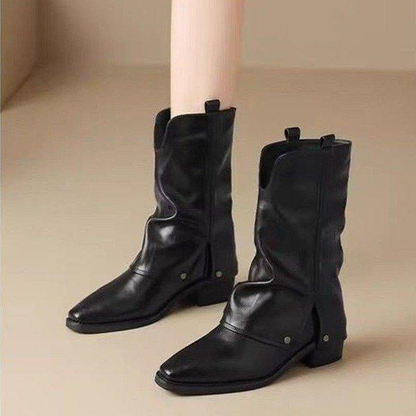 

New Women s Square-Toe Ankle Boots - Slip-On Mid-Calf Booties with Chunky Heel, Retro All-Season Fashion Boots 42