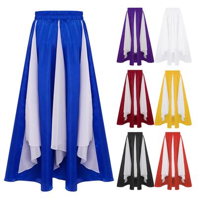 Mädchen Tanzröcke zur Lobpreisung Elastischer Bund Colorblocking Weiter Saum Chiffoneinsatz Satinkleid