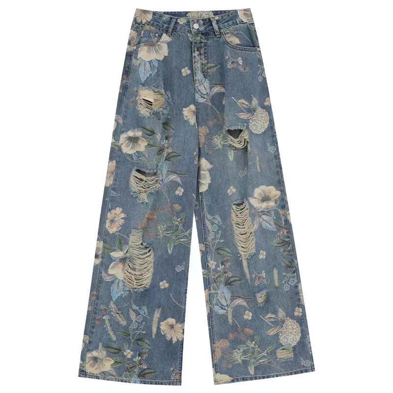 2025 Vintage Print Ripped Wide-Leg Jeans for Women - Spring/Autumn Loose Fit, Straight-Leg Floor-Length