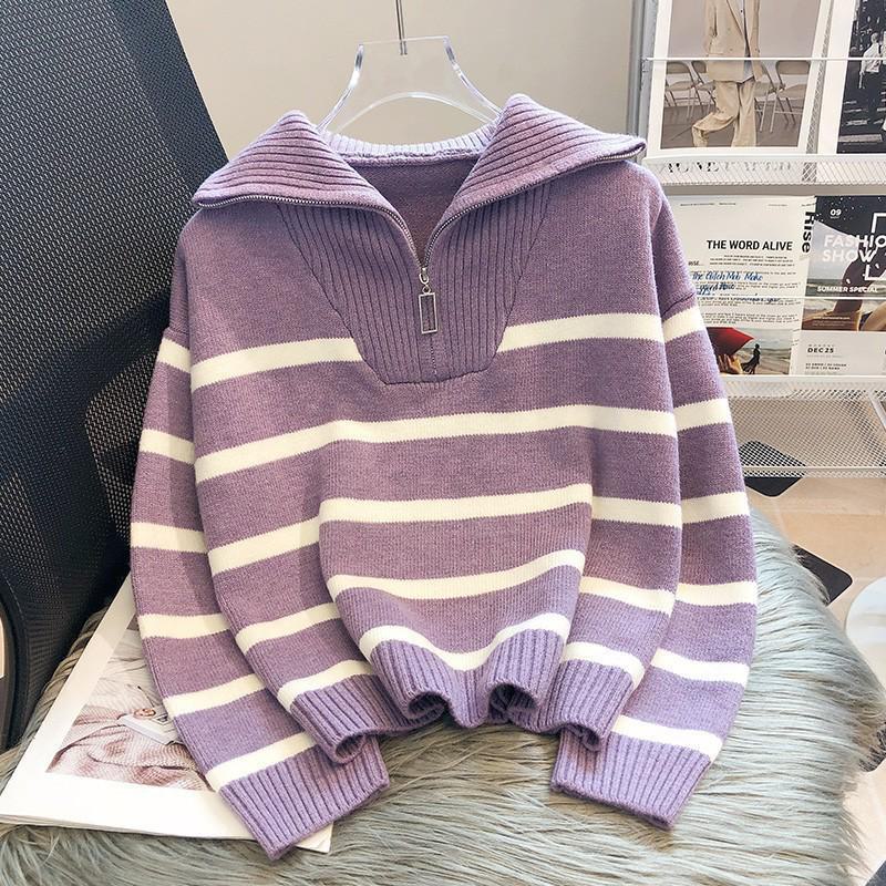 Women's Korean Contrast Color Half-Zip Striped Pullover Sweater