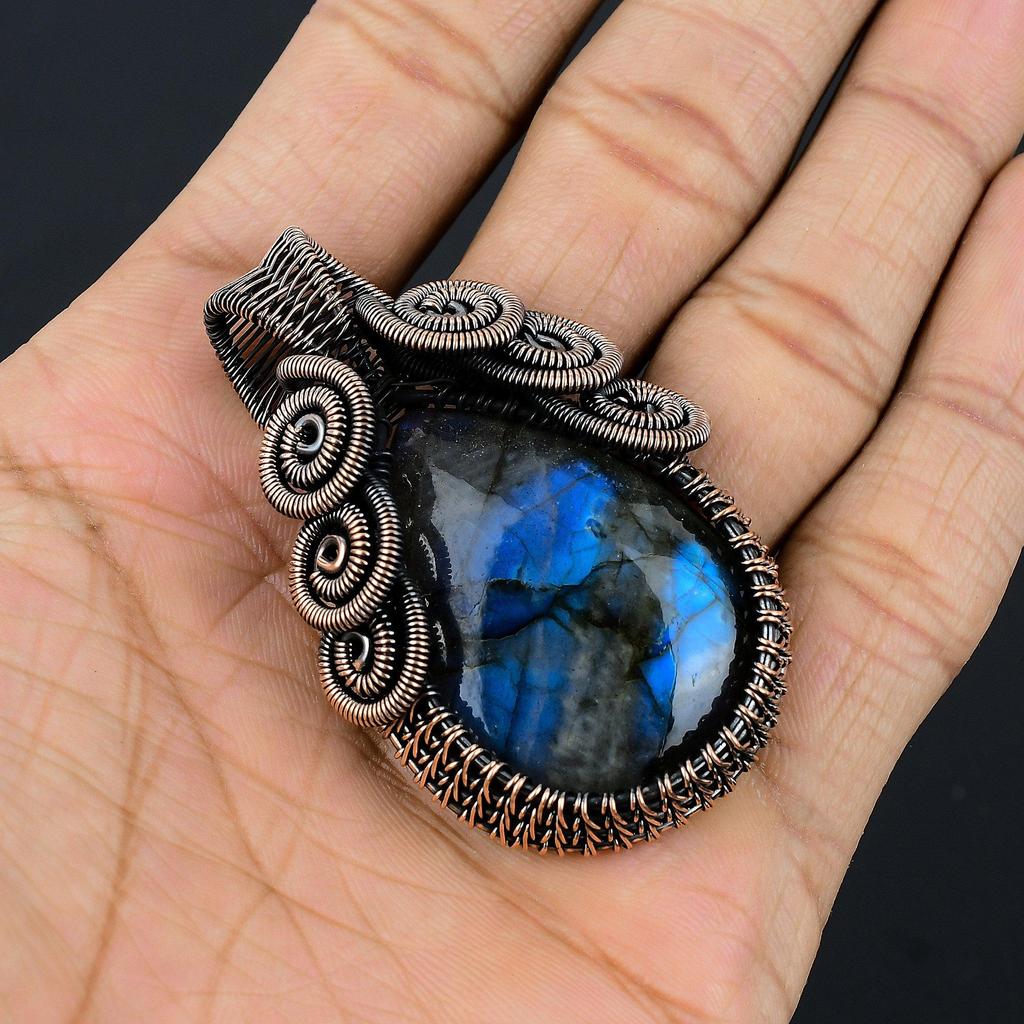 Blue Flash Labradorite Handmade Pendant, Natural Gemstone Jewelry, 999 Copper Wire Wrapped Pendant Jewelry, For Gift