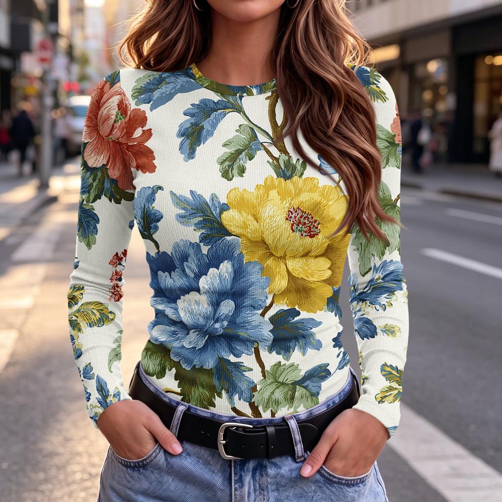 Women's Slim Fit Long Sleeve T-Shirt with Vintage Print Neck Casual Top for Everyday Wear