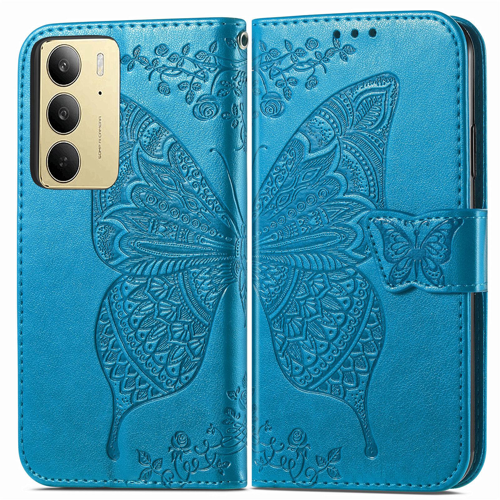 

For Realme C75 Case with Strap Butterfly Pattern PU Leather Wallet Phone Cover Black