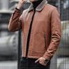Men Imitation Leather Jacket with Velvet Lining Lapel Long Sleeve Zipper Placket Solid Color Autumn Winter Coat