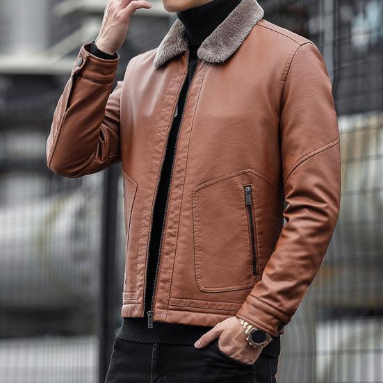 Men Imitation Leather Jacket with Velvet Lining Lapel Long Sleeve Zipper Placket Solid Color Autumn Winter Coat
