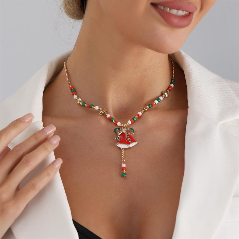 Festive Christmas Cartoon Bell Pendant Beaded Necklace Adjustable Collarbone Chain Jewelry Gift For Women