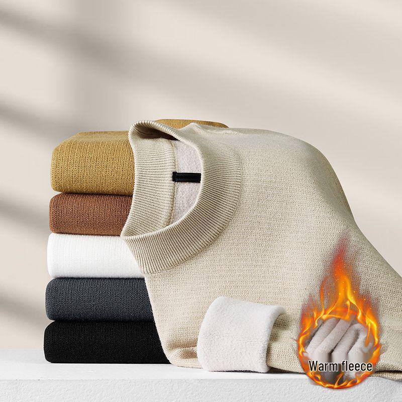 Men's Plus Velvet Half-High Collar Knit Sweater - Anti-Pilling Dobby Fleece, Solid Color for Autumn/Winter