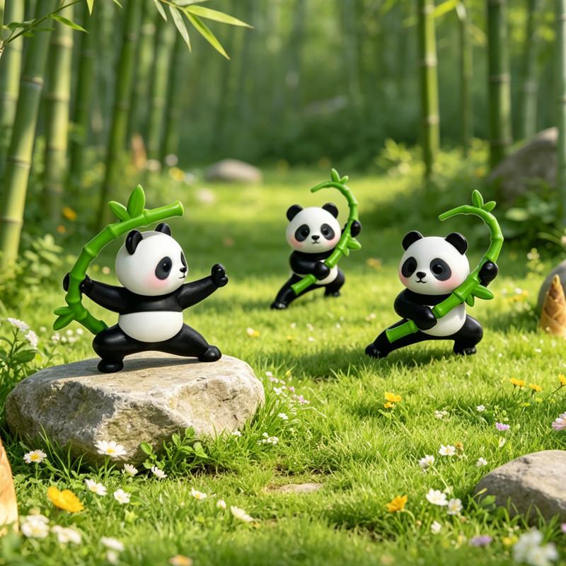 Panda Martial Arts Figurine Set With Pvc Material For Office Desk Decor And Projects